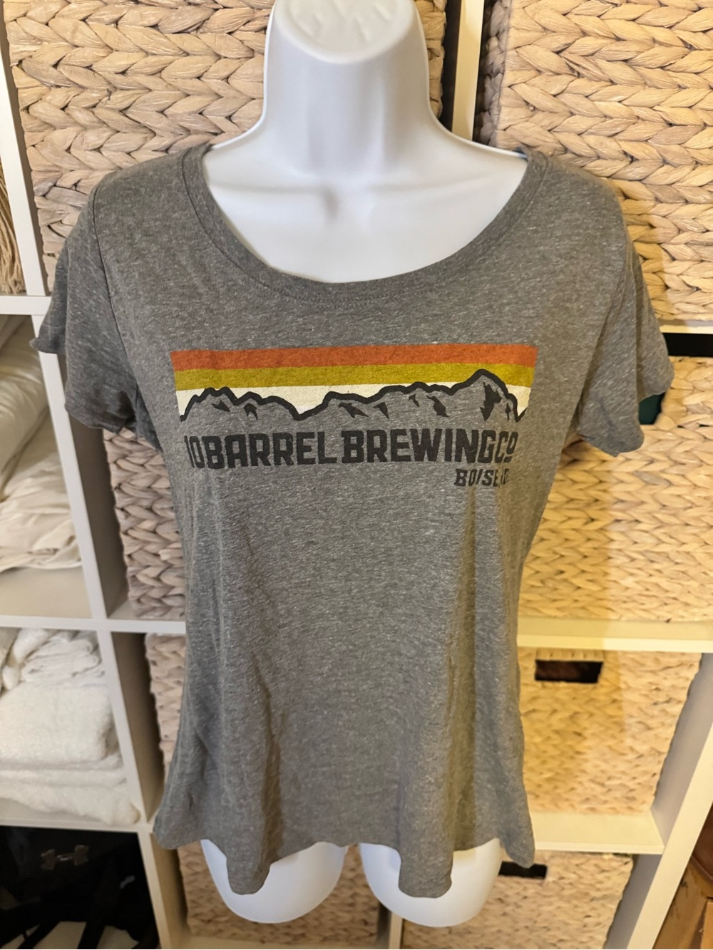 XL size Women's Gray brewery Graphic Tee with Retro Stripe